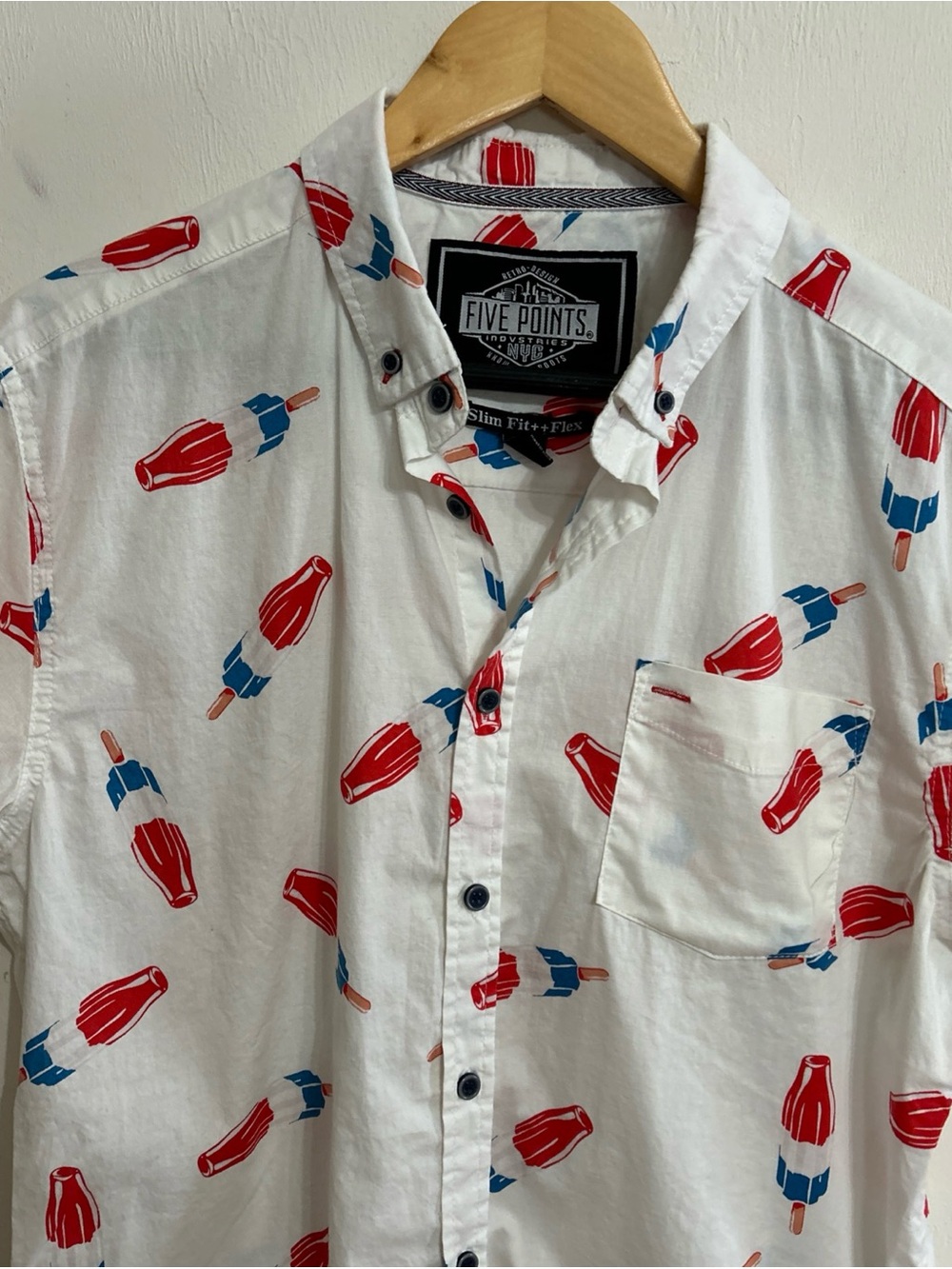 Five Points Youth Retro White Button-Down Shirt with Red & Blue Popsicle Med - Picture 7 of 10
